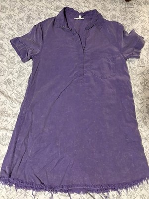 day + moon Purple Short Sleeve Shirt Dress Fringe Hem Collared Button Size S
