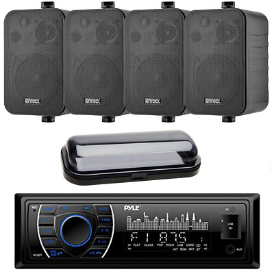 Pyle Bluetooth Marine MP3 USB Radio, 4x 4'' Box Waterproof Speakers System Pkg