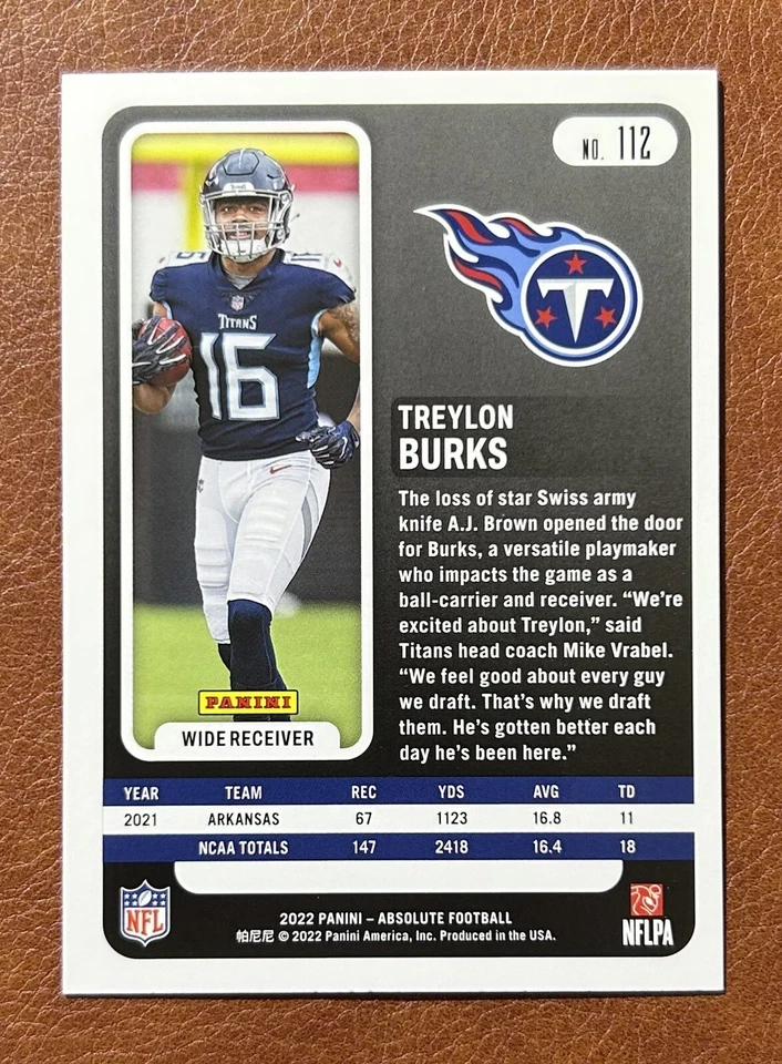 Treylon Burks 2022 Panini Absolute Rookie Card (RC) #112 - Tennessee Titans - Image 2 of 2
