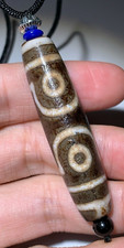 Tibetan Agate Dzi Bead " 3 Eyes " Amulet Pendant Necklace 55mm x13mm