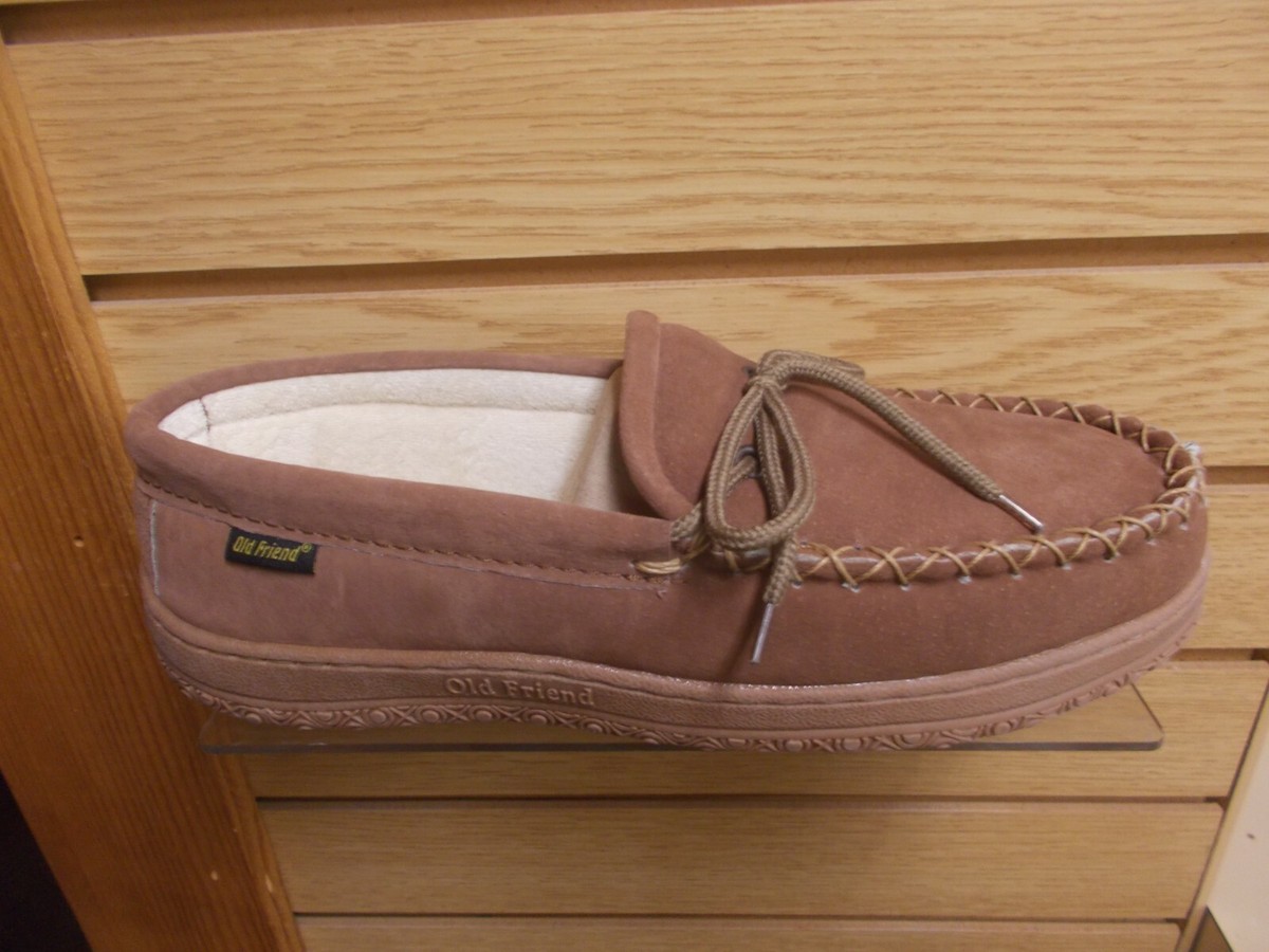 OLD FRIEND 421221 MEN'S BROWN TERRY LINED LEATHER INDOOR OUTDOOR SLIPPERS  WIDE