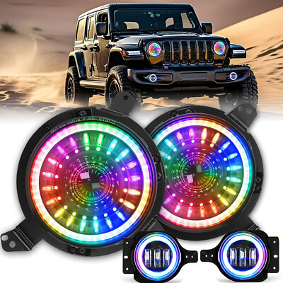 RGB 9'' Halo LED Headlights Fog Light Combo Fit Jeep Wrangler JL Gladiator 18-23