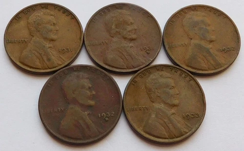 1931/31-D/32/32-D/33 Lincoln Wheat Cents VG to VF, Five 1C Pennies