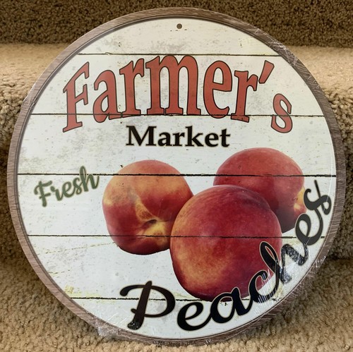 Farmers Market Fresh Peaches 12" Round Metal Sign Rustic Retro Kitchen Decor - Picture 2 of 2