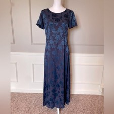 Vintage Laura Ashley long dress 8 jacquard acetate floral navy sheen tea 90s Y2K