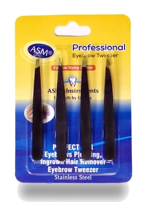 ASM INSTRUMENTS Professional Tweezers Set of 4 Eyebrow Splinter Ingrown Hair Removal Slant-Point