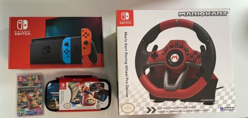 NEW Nintendo Switch Console Mario Kart 8 Pro Deluxe Bundle With Racing Wheel - Picture 1 of 7