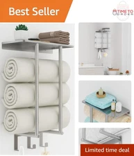 Bathroom Towel Rack Wall Mount Aluminum Metal Shelves Hooks Storage Holder