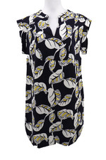 J Crew Linen Blend Dress Womens Small Navy White Leaf Print Short Sleeve V Neck