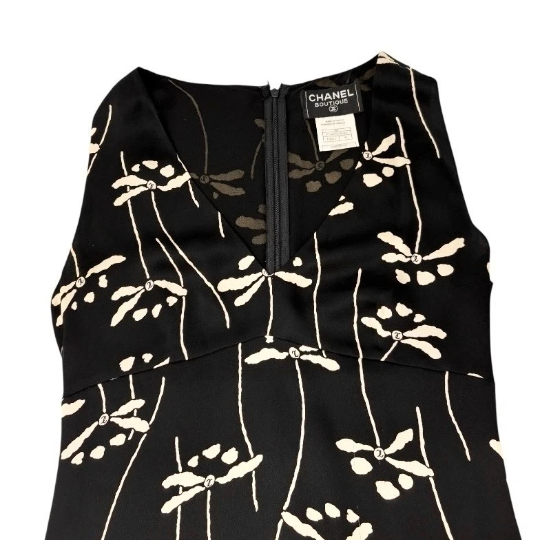 CHANEL Vintage 98P CC Mark Logo Dress Sleeveless #38 Black White Silk - Image 4 of 4
