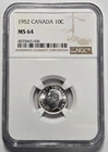 1952 CANADA 10 CENTS NGC MS 64 Certified Coin