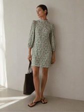 GANNI Green Floral lightweight Crepe Mini Dress Mock Neck Puff Sleeve Scandinavi