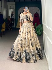 Tasar Silk Lehenga Choli Koti Set Floral Print Wedding Reception Party Wear