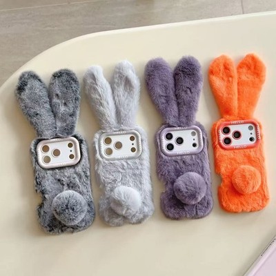 3D Soft Fluffy Rabbit Plush Phone Case For iPhone 17 Air 16 15 14 13 Pro Max