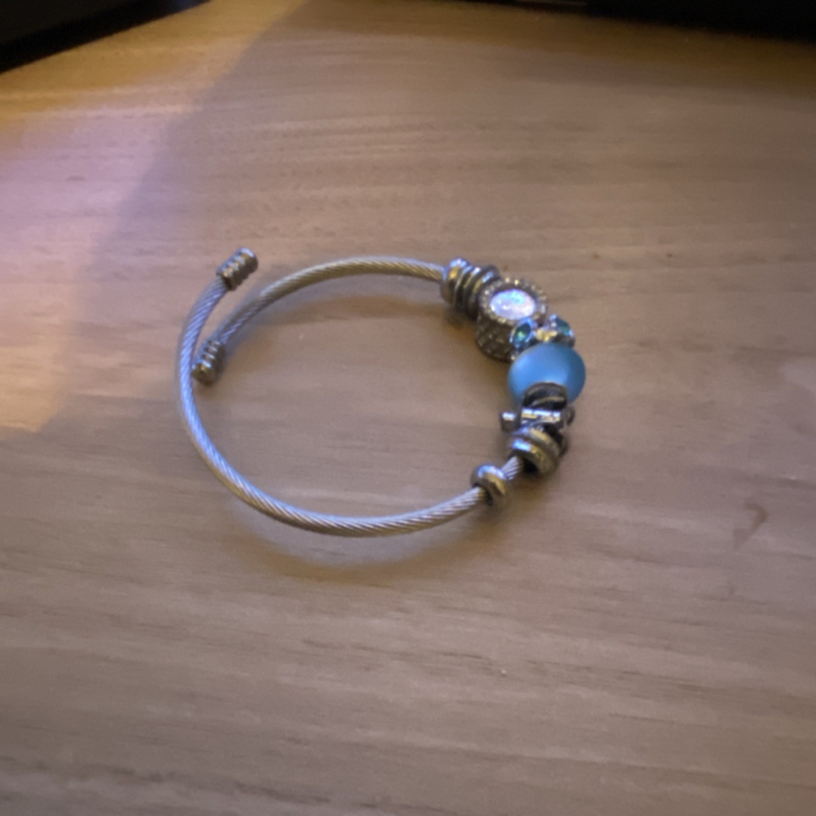 Silver Blue Charm Bangle Bracelet Stackable Metal… - image 3