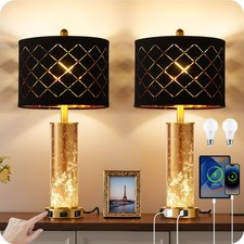 25.6" Black Table Lamps Set of 2, Tall Bedside Lamps with Nightlight, Modern ...