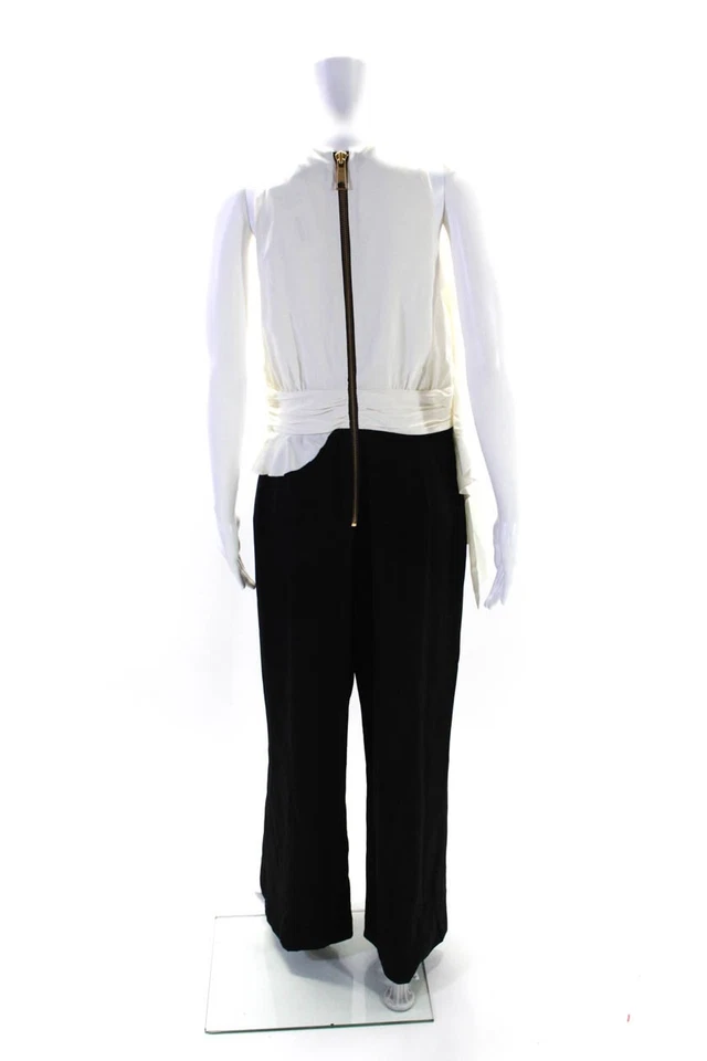 Rachel Zoe Womens Colorblock Print Ruched Flared Jumpsuit White Black Size 10 - Image 3 of 4