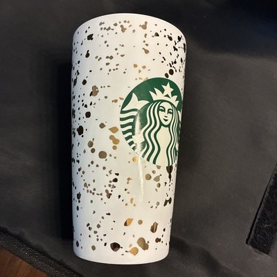 STARBUCKS Coffee Ceramic travel Tumbler w/black Lid  Gold Speck