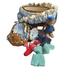 Vintage Handmade Crochet Bear In A Bag With A Bed And Clothes Kids Play Fun