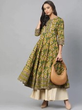 YASH GALLERY Women's Plus Size Cotton Floral Printed GREEN Anarkali Kurta