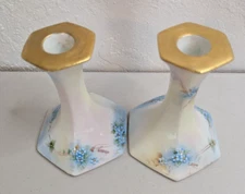 Antique Tressemann & Vogt T&V Limoges Forget Me Not Porcelain Candlesticks