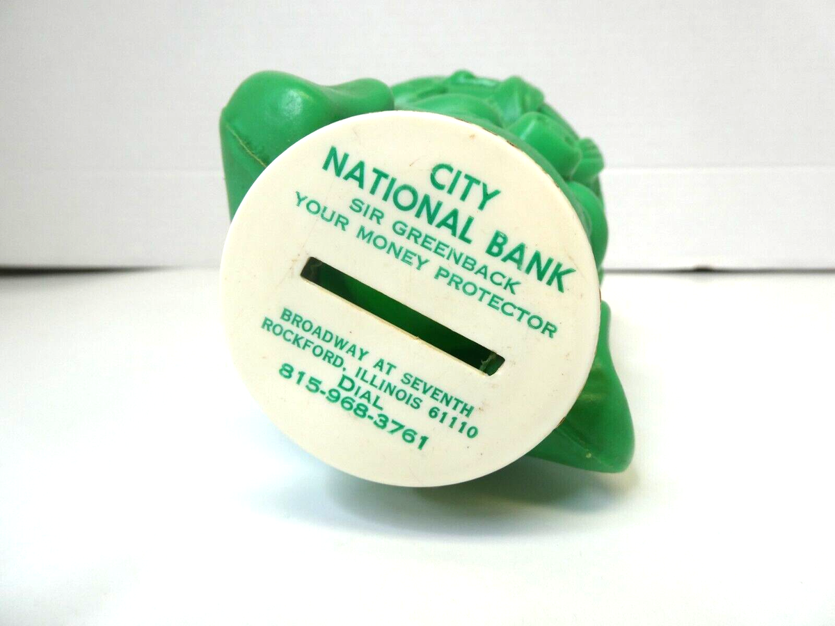 Vintage City National Bank Rockford Piggy Bank Advertising Sir