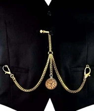 Gold Plated Strong Pocket Watch Albert Double Chain With Ornate Fob &  T-Bar