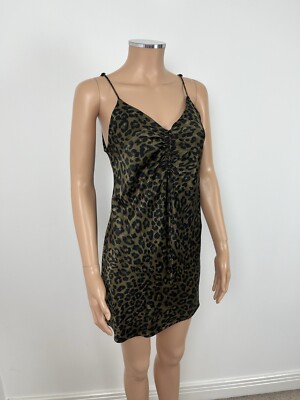 ZARA Khaki Green Black Animal Leopard Print Satin Cami Ruched
