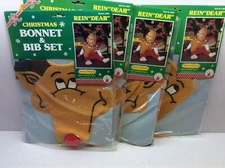 NOS Set of 4 Rubie's Costume Christmas Bonnet & Bib Reindeer Rein "DEAR" Set