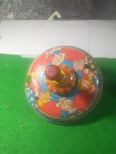 Vintage Painted Tin Spinning Top Toy, Pressed Tin Handle.