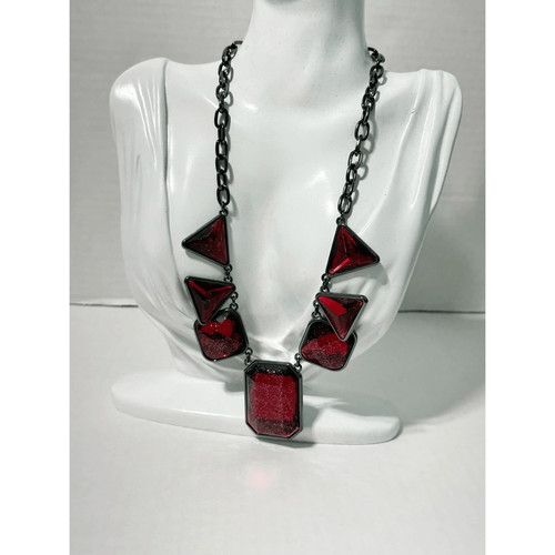Geometric Statement Necklace Gunmetal Red Gemstone Matinee 20 Inch Chunky
