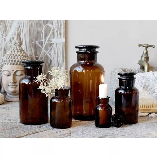 5Pc Amber Old French Apothecary Glass With Lid Botanical Jar Stem Storage Decor - Image 2 of 4