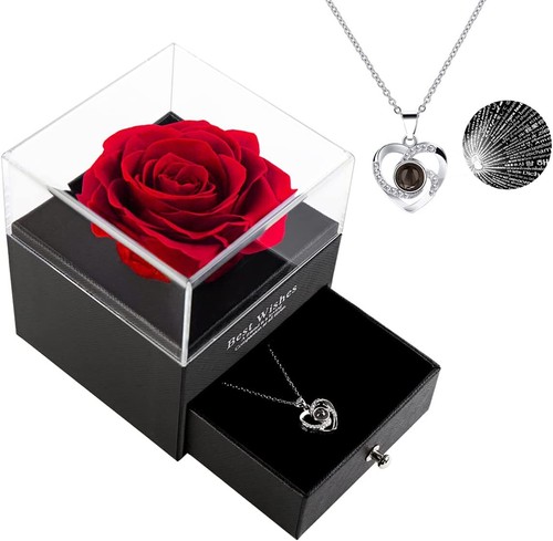 Eternal Flower Preserved Red Rose Box With Best Wish & Necklace Valentine Gift - Bild 1 von 9