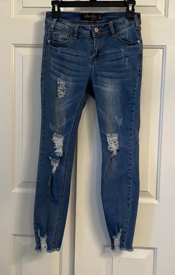 64 Urban Chic Jeans Blue Distressed Frayed Bottom Denim Pant Size