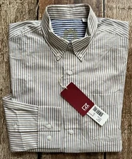 CUTTER & BUCK STRIPED LONG SLEEVE SHIRT TAN WHITE MENS MEDIUM NEW WITH TAGS