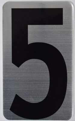 House Number Sign/Apartment Number Sign- Five (5) (Silver..The Hippo -ref0420