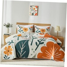 King Quilt Bedding Set,White King/Cal King 96"x110" Green Orange Botanical