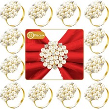 288 Pcs Gold Napkin Rings Pearls and Flower Napkin Buckles Rhinestone Bling