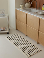 3.6'-Black Cream Stripe Bath Runner Rug,Machine Wash,Tpr Non-Slip