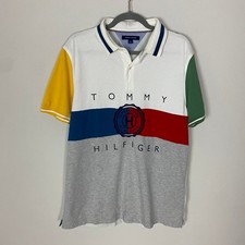 Tommy Hilfiger Mens Colorblock Crest Logo Polo Shirt Y2K Multicolor Spellout