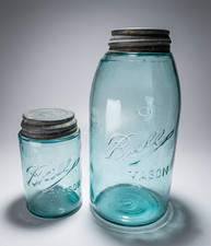 Vintage Ball Blue Perfect Mason Jar Set (1910-1923) Dropped A Half-Gallon & Pint