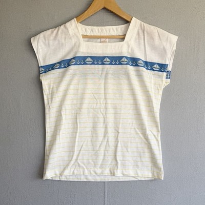 Jantzen Vintage Top Womens L Nautical Sailboats Striped 80s Knit Square Neck USA