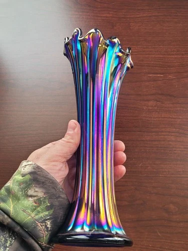 Super Electric Blue Northwood Carnival Glass Thin Rib Standard Size Vase