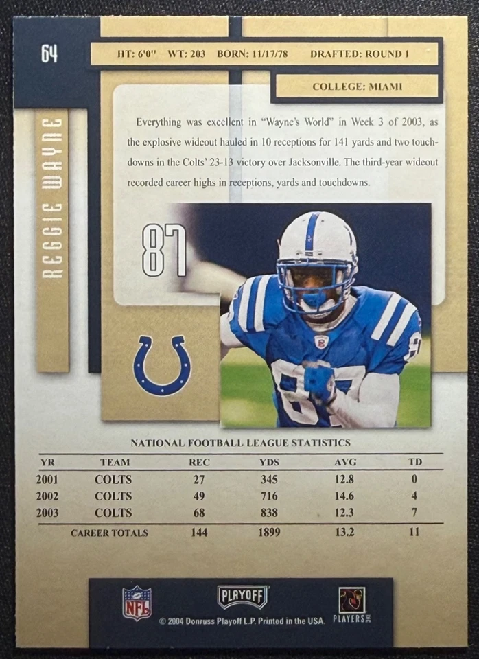 Reggie Wayne 2004 Playoff Prestige #64 Indianapolis Colts - Image 2 of 2