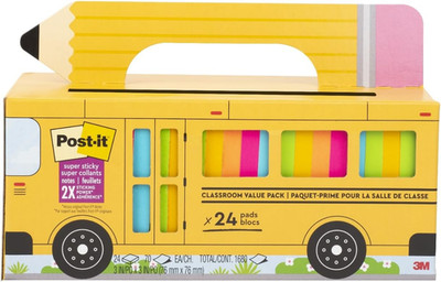 Post-It Super Sticky Notes Value Pack, 24 Pads, Convenient School Bus Carry and