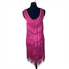 Vintage Pink Fringe Sequins 1920s Flapper Party Mini Dress Size