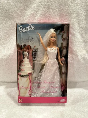 VINTAGE 2001 WEDDING BOUQUET BARBIE WITH WEDDING CAKE & BOUQUET - NRFB