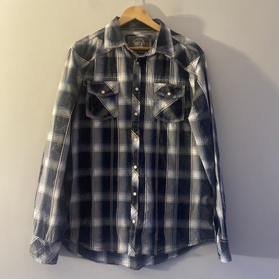 BKE Western Hemd Herren Large Grau Kariert Langarm Perlen Druckknopf Cowboy