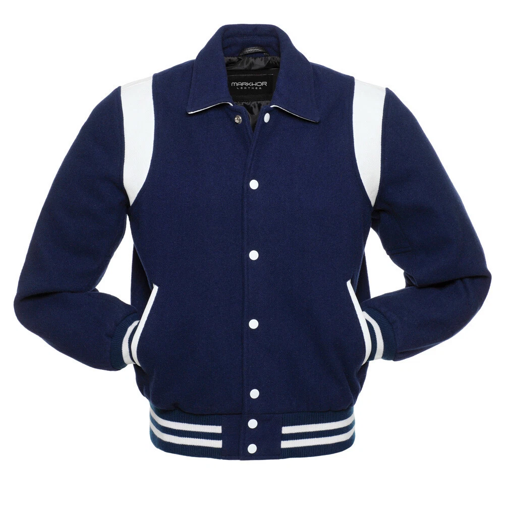 Letterman Baseball Navy Blue Wool & Leather Bomber Biker Sports Varsity Jacket