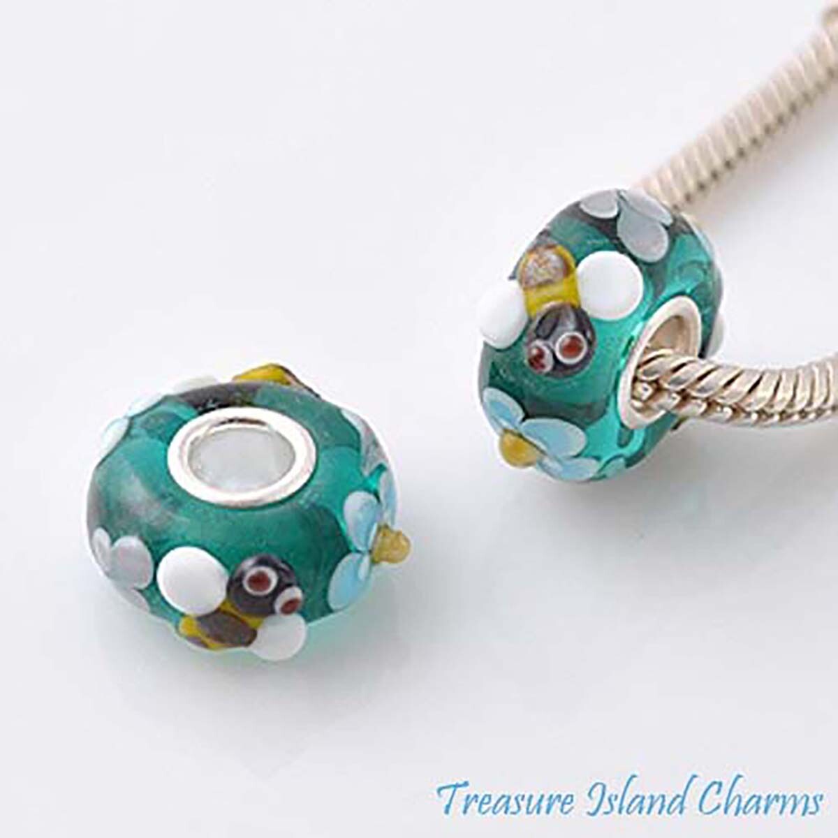 Honey Bee Blue Flower Murano Glass 925 Sterling Silver Charm Bead
